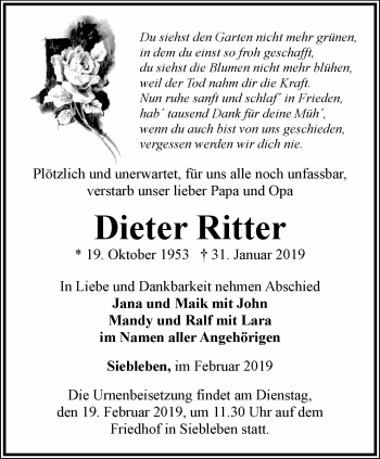 Traueranzeige von Dieter Ritter von Ostthüringer Zeitung, Thüringische Landeszeitung