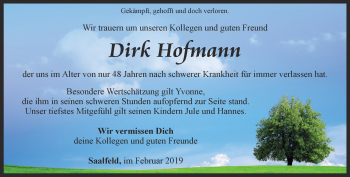 Traueranzeige von Dirk Hofmann von Ostthüringer Zeitung