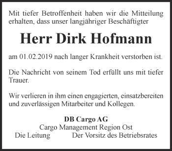 Traueranzeige von Dirk Hofmann von Ostthüringer Zeitung