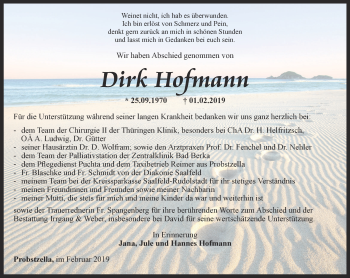 Traueranzeige von Dirk Hofmann von Ostthüringer Zeitung