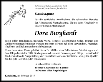 Traueranzeige von Dora Burghardt von Ostthüringer Zeitung