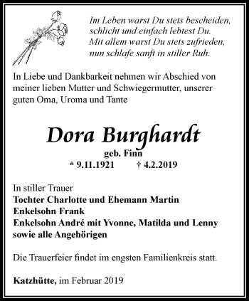 Traueranzeige von Dora Burghardt von Ostthüringer Zeitung