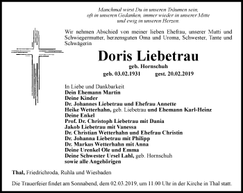 Traueranzeige von Doris Liebetrau von Thüringer Allgemeine, Thüringische Landeszeitung