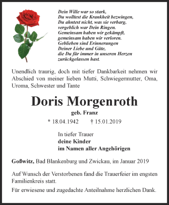 Traueranzeige von Doris Morgenroth von Ostthüringer Zeitung