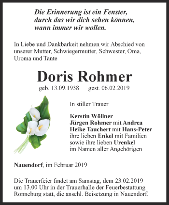 Traueranzeige von Doris Rohmer von Ostthüringer Zeitung