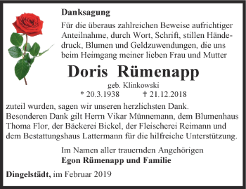 Traueranzeige von Doris Rümenapp von Thüringer Allgemeine