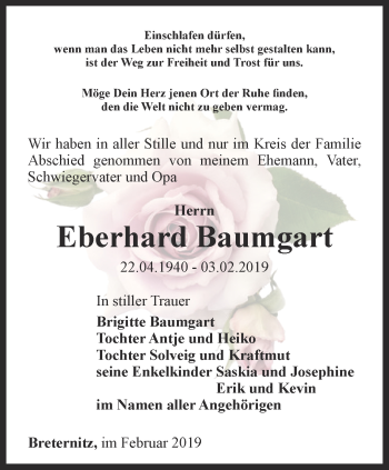 Traueranzeige von Eberhard Baumgart von Ostthüringer Zeitung