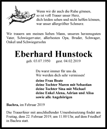 Traueranzeige von Eberhard Hunstock von Thüringer Allgemeine