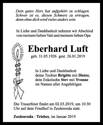 Traueranzeige von Eberhard Luft von Ostthüringer Zeitung