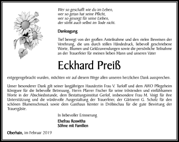 Traueranzeige von Eckhard Preiß von Ostthüringer Zeitung