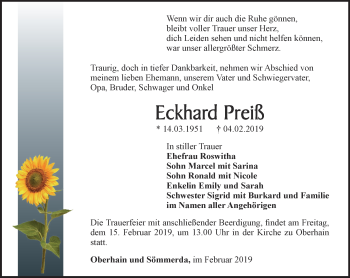 Traueranzeige von Eckhard Preiß von Ostthüringer Zeitung