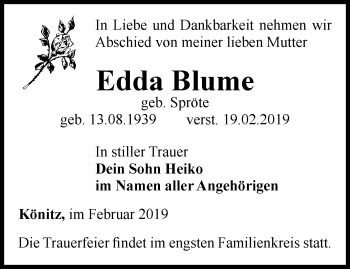 Traueranzeige von Edda Blume von Ostthüringer Zeitung