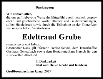 Traueranzeige von Edeltraud Grube von Thüringer Allgemeine