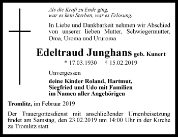 Traueranzeige von Edeltraud Junghans von Thüringer Allgemeine, Thüringische Landeszeitung