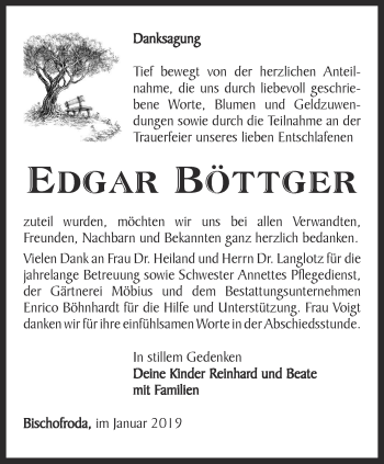 Traueranzeige von Edgar Böttger von Thüringer Allgemeine, Thüringische Landeszeitung