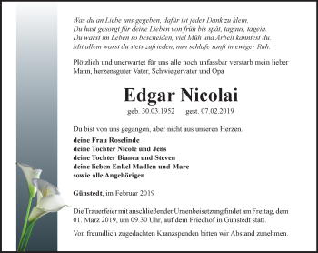 Traueranzeige von Edgar Nicolai von Thüringer Allgemeine