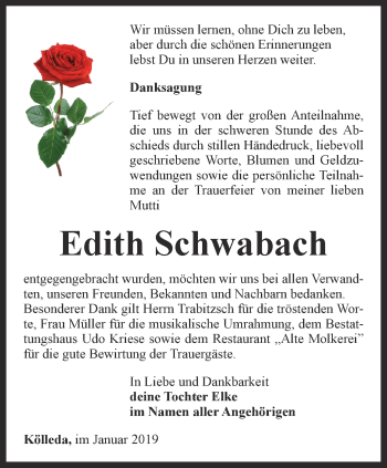 Traueranzeige von Edith Schwabach von Thüringer Allgemeine