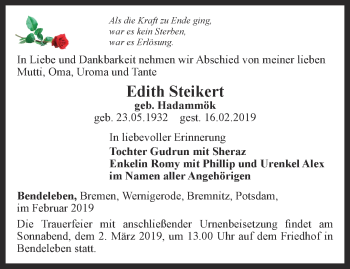 Traueranzeige von Edith Steikert von Thüringer Allgemeine