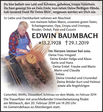 Traueranzeige von Edwin Baumbach von Ostthüringer Zeitung, Thüringische Landeszeitung