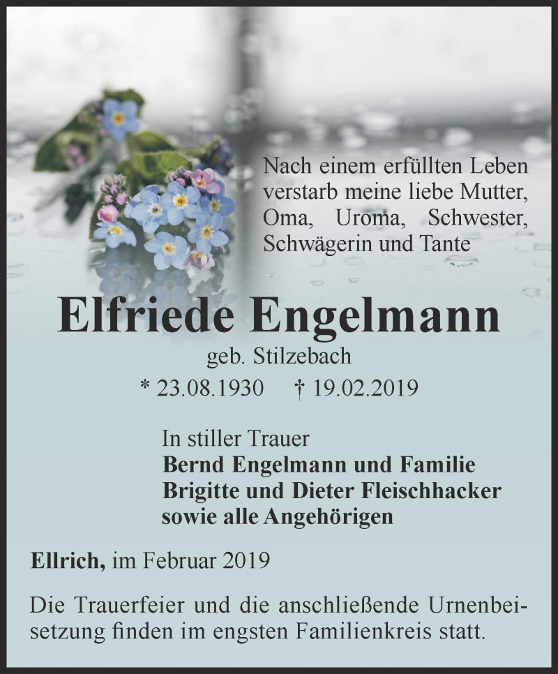  Traueranzeige für Elfriede Engelmann vom 26.02.2019 aus Thüringer Allgemeine