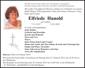 Traueranzeige von Elfriede Hunold von Thüringer Allgemeine