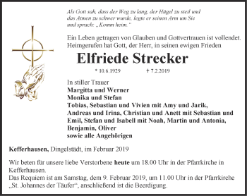 Traueranzeige von Elfriede Strecker von Thüringer Allgemeine