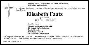 Traueranzeige von Elisabeth Faatz von Ostthüringer Zeitung