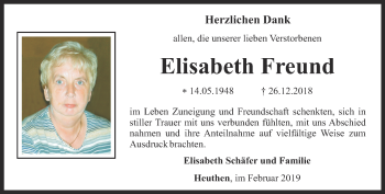 Traueranzeige von Elisabeth Freund von Thüringer Allgemeine