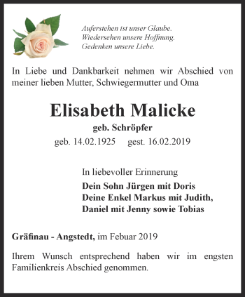 Traueranzeige von Elisabeth Malicke von Thüringer Allgemeine