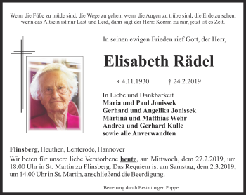 Traueranzeige von Elisabeth Rädel von Thüringer Allgemeine
