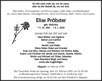 Traueranzeige von Elise Pröbster von Thüringer Allgemeine, Thüringische Landeszeitung