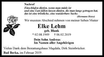 Traueranzeige von Elke Lehm von Thüringer Allgemeine, Thüringische Landeszeitung
