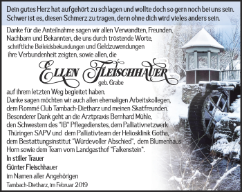 Traueranzeige von Ellenn Feischhauer von Ostthüringer Zeitung, Thüringische Landeszeitung