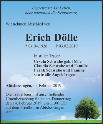 Traueranzeige von Erich Dölle von Thüringer Allgemeine