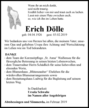 Traueranzeige von Erich Dölle von Thüringer Allgemeine