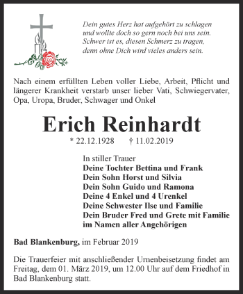 Traueranzeige von Erich Reinhardt von Ostthüringer Zeitung