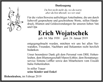 Traueranzeige von Erich Wojatschek von Ostthüringer Zeitung