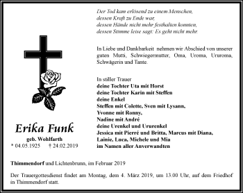 Traueranzeige von Erika Funk von Ostthüringer Zeitung