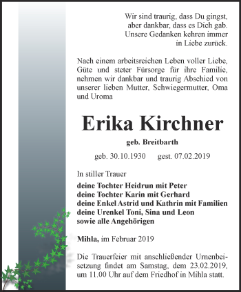 Traueranzeige von Erika Kirchner von Thüringer Allgemeine, Thüringische Landeszeitung