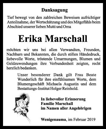 Traueranzeige von Erika Marschall von Ostthüringer Zeitung