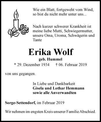 Traueranzeige von Erika Wolf von Ostthüringer Zeitung