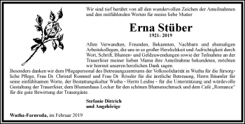 Traueranzeige von Erna Stüber von Thüringer Allgemeine, Thüringische Landeszeitung