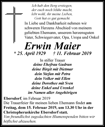 Traueranzeige von Erwin Maier von Ostthüringer Zeitung