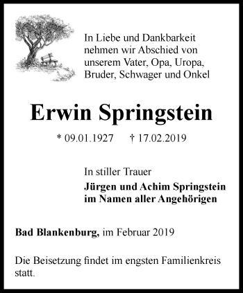 Traueranzeige von Erwin Springstein von Ostthüringer Zeitung