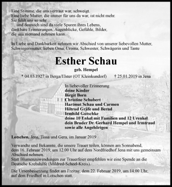 Traueranzeige von Esther Schau von Ostthüringer Zeitung