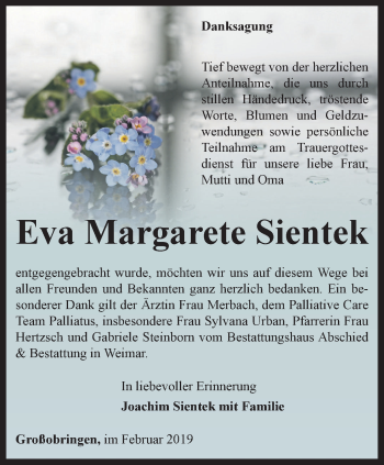 Traueranzeige von Eva Margarete Sientek von Thüringer Allgemeine, Thüringische Landeszeitung