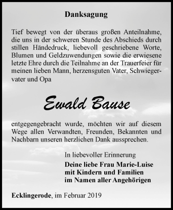 Traueranzeige von Ewald Bause von Thüringer Allgemeine