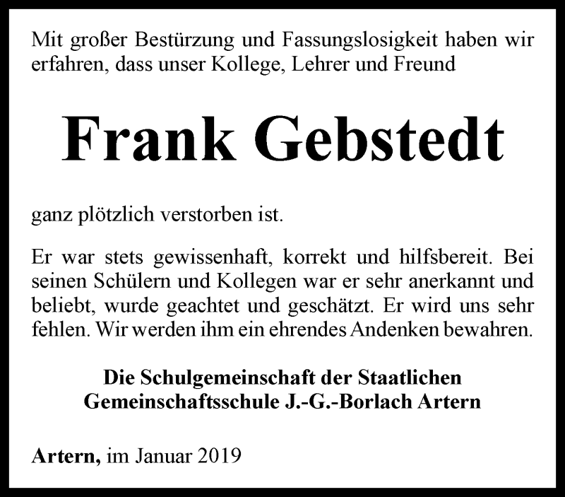  Traueranzeige für Frank Gebstedt vom 02.02.2019 aus Thüringer Allgemeine