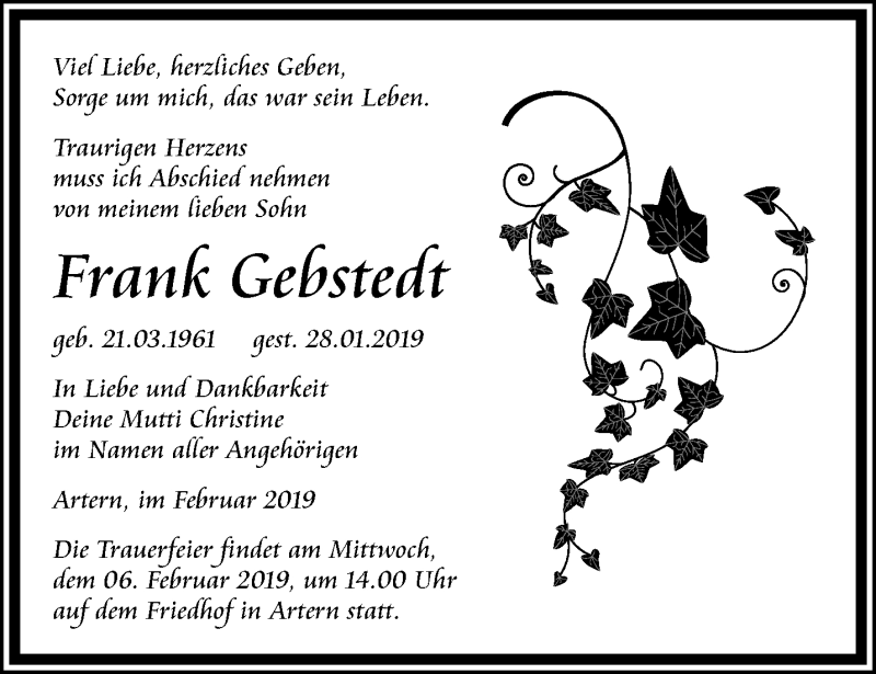  Traueranzeige für Frank Gebstedt vom 02.02.2019 aus Thüringer Allgemeine