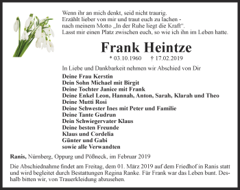 Traueranzeige von Frank Heintze von Ostthüringer Zeitung